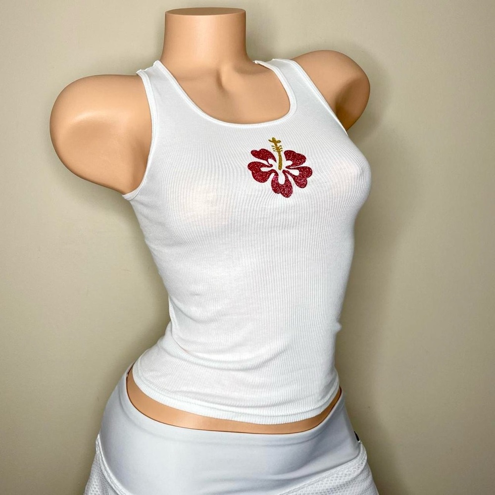 Vintage Y2K glitter hibiscus white tank top 🏝️